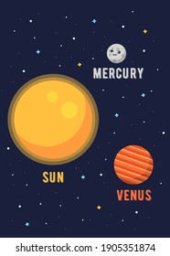 Set 3 Planet Solar System, Sun Mercury  Venus. Illustrations vector graphic of the solar system in flat design cartoon style. solar system poster design for kids learning. space kids.