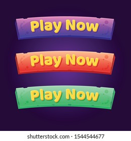 Set of 3 Play Now Buttons for arcade video games. Game User Interface (GUI) buttons elements for mobile games