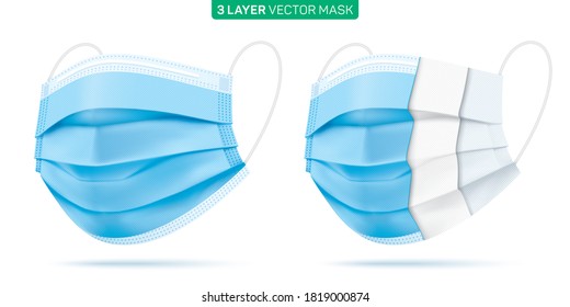 Set of 3 ply disposable face masks. Blue medical mask with inner material sections. Coronavirus disease protective surgical mask, with three textile layers. Vector illustration.