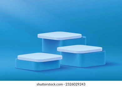 Set  3 podium of abstract luxury round display for product on website in modern. Background vector and minimal texture wall scene blue