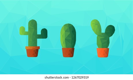 set of 3 Polygon cactuses in pot on the light blue polygon background