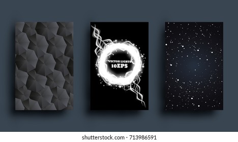 Set of 3 polygonal geometric backgrounds for modern design. ring of light, umbrellas, starry sky