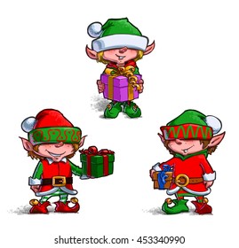 Set of 3 poses of cartoon illustrations Santa's Elves. Each pose on separate layer. 
