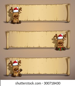 Set of 3 poses-themes of a cartoon illustration Santa's Elk sitting in frond of a scroll-old papyrus label. Each pose on separate layer. 
