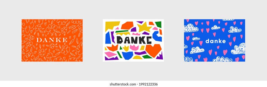 Set of 3 postcards with the inscription "Thank you" in German. In different styles, the inscription "danke". Minimalistic simple and bright postcards. Linear flowers. geometric abstract shapes.