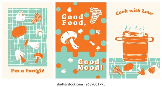 Set of 3 poster designs in healthy food concept, Veggie Time! Series. Cute hand drawn vegetables illustration in minimal style, perfect for poster, postcard, wall art decor, brochure or menu cover.