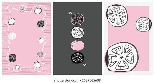 Set of 3 poster designs in healthy food concept, Veggie Time! Series. Cute hand drawn vegetables illustration in minimal style, perfect for poster, postcard, wall art decor, brochure or menu cover.