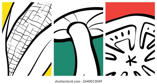 Set of 3 poster designs in healthy food concept, Veggie Time! Series. Cute hand drawn vegetables illustration in minimal style, perfect for poster, postcard, wall art decor, brochure or menu cover.