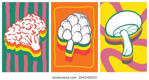Set of 3 poster designs in healthy food concept, Veggie Time! Series. Cute hand drawn vegetables illustration in minimal style, perfect for poster, postcard, wall art decor, brochure or menu cover.