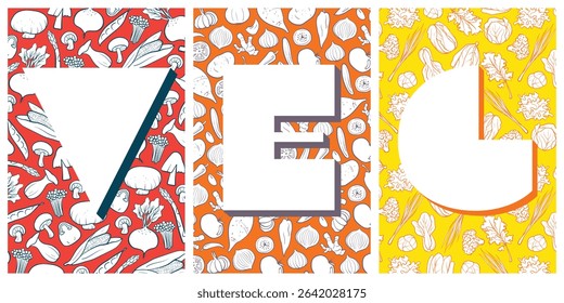Set of 3 poster designs in healthy food concept, Veggie Time! Series. Cute hand drawn vegetables illustration in minimal style, perfect for poster, postcard, wall art decor, brochure or menu cover.