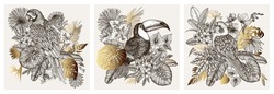 Set Of 3 Posters With Birds Surrounded By Tropical Flowers And Plants In Engraving Style. Macaw Parrot, Toucan And Corella Parrot
