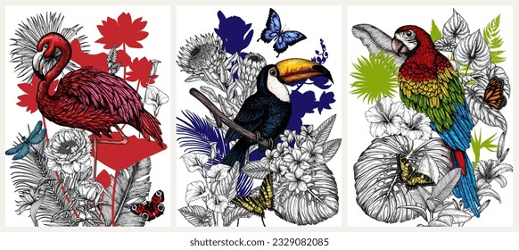 Set of 3 posters with birds surrounded by tropical flowers and plants in engraving style. Macaw parrot, toucan and flamingos