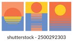 Set of 3 posters design in trendy 1970s retro line style. The sea sunset poster. Modern art poster retro vintage style 70s stripes background template lines shapes vector design