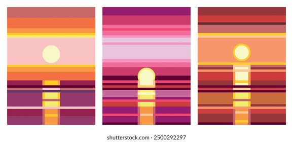 Set of 3 posters design in trendy 1970s retro line style. The sea sunset poster. Modern art poster retro vintage style 70s stripes background template lines shapes vector design