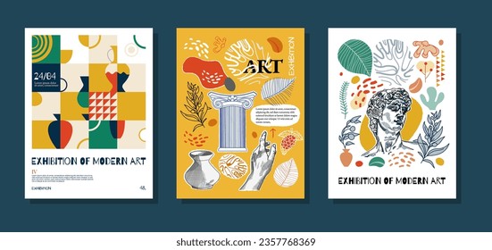 Set of 3 posters for the exhibition,  magazine or cover, vector template with sculpture art, Antique statues, geometric background. Modern ancient Greek or Roman style. Neo Nostalgia banner collection