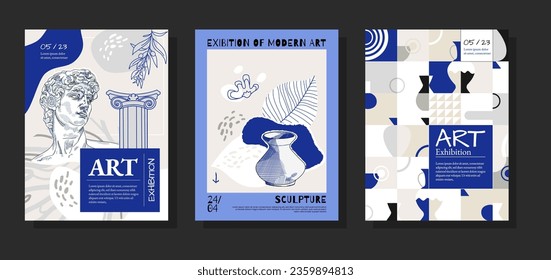 Set of 3 posters for the exhibition,  magazine or cover, vector template with sculpture art, Antique statues, geometric background. Modern ancient Greek or Roman style. Neo Nostalgia banner collection