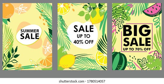 set of 3 posters with fruits and leaves