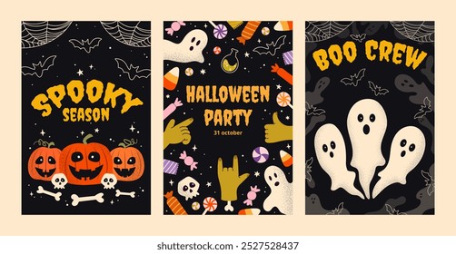 Coloque 3 cartazes para o Halloween no fundo escuro. Abóboras, fantasmas e outros elementos do feriado com textura granulada em estilo retro. Para cartão, capa, publicidade, etiqueta, convite.