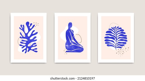 Montaje de 3 afiches inspirados en el arte de Matisse. Obra de arte con forma de coral, hoja y mujer lista para imprimir y digital.