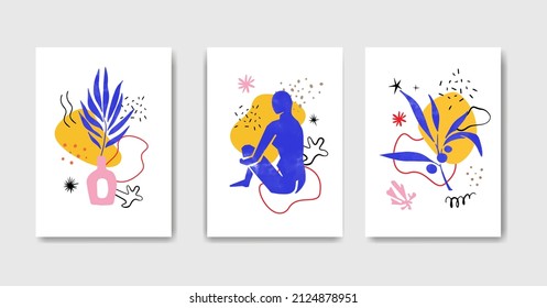 Set of 3 posters inspired by the art of Matisse. Artwork with coral, leaf and woman shape ready for print and digital.