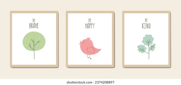  Set of 3 posters pink cute bird green trees for baby room decoration Childish style hand drawn design Perfect for fabric print logo sign cards banners Kids wall art design Vector illustration.