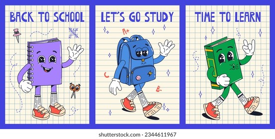 Set 3 posters with school supplies groovy characters in gloves with quotes in flat retro classic cartoon style of 60s 70s. Bagpack, book, copybook. Back to school.