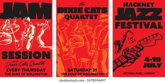 Ein Set von 3 Poster Vorlagen für Musik, jazzbezogene Veranstaltungen mit originellen, handgezeichneten Illustrationen.