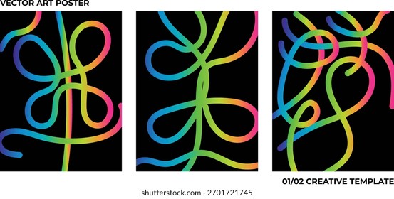 Conjunto de 3 carteles con Arte vectorial y líneas abstractas. Plantilla creativa en diseño colorido para diversas temáticas y proyectos.