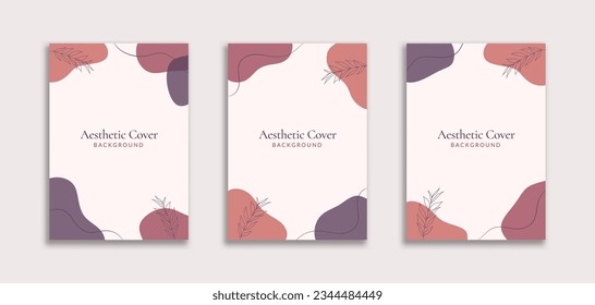 Set of 3 Printable Abstract Background A4 with Lilac Pastel Blob Shape and Leaf Object. Dynamic style for cover book, booklet, banners, pamphlet, poster, frame, border, presentation, flyers, promotion