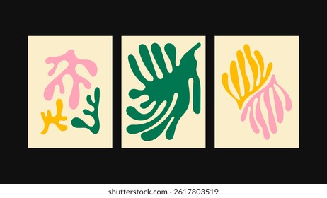 Set of 3 psychedelic art posters in 90s retro, groove style. Eye-catching abstract waves and floral patterns for modern kitchens, hip cafés, restaurants, or street displays. Poster titles- Funky Flowe
