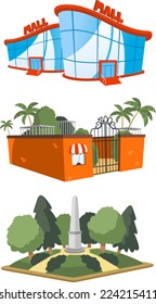 Set Of 3 Public Building Illustrations, Including A Mall, Zoo And Square Vector Illustration.