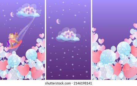 Set of 3 purple banners. The little princess fell asleep, riding a toy horse to a magical castle in the clouds. Vector illustration in cartoon style.