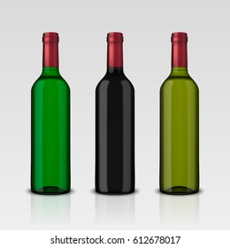 Set 3 realistic vector bottles of wine without labels isolated on white background. Design template in EPS10.