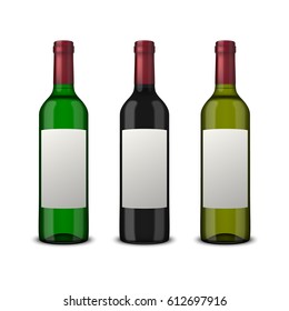 Set 3 realistic vector bottles of wine with blank labels isolated on white background. Design template in EPS10.