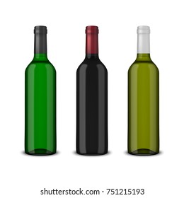 Set of 3 realistic vector bottles of wine without labels isolated on white background. Design template in EPS10