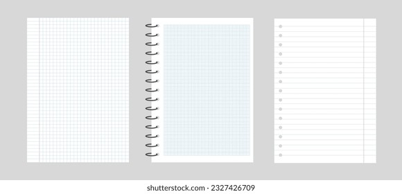Set of 3 realistic vector illustration of blank of square and lining paper from block isolated on gray background
