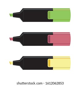 set of 3 realistic vector separate green, yellow and pink markers at white background