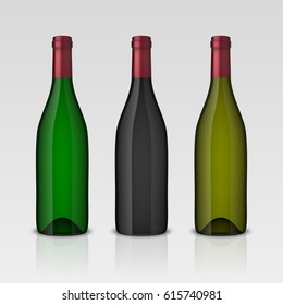 Set of 3 realistic vector wine bottles without labels isolated on white background. Design template in EPS10.