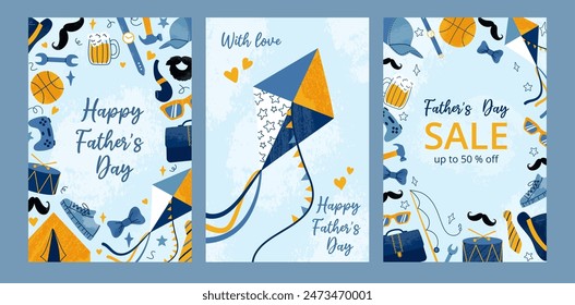 Set 3 rectangular cards with handwritten text in flat style on blue backdrop. Happy Fathers Day concept. Hand drawn male accessories and hobby. Grunge textured effect. For cover, poster, sale.