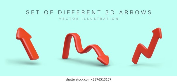 Set of 3 red arrows of different types. Straight, broken, wavy pointers in plasticine style. Isolated vector image. Direction sign, click hint. Modern web design svg