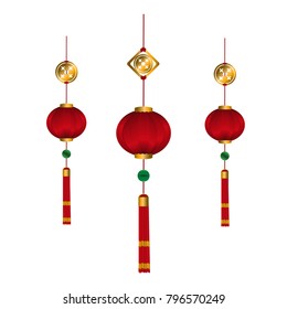 Set of 3 Red Chinese Lanterns for Happy New Year. Lamps Isolated on White Background