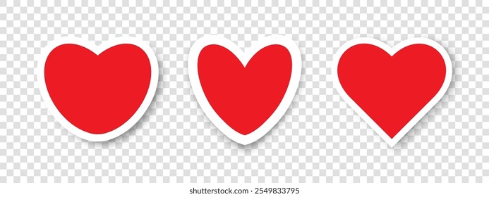 A set of 3 red heart sticks on a transparent background. Stickers of hearts of different shapes. The concept of Valentine's Day. Vector illustration.