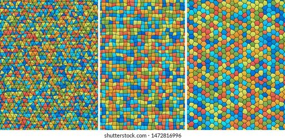 set of 3 repeatable bright colors patterns with triangle, rectanle and hexagon uneven cells
