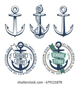 Set of 3 retro anchors with a rope and 2 vintage marine emblem tattoo on a white background. Rubbed texture on a separate layer and can be easily disabled.