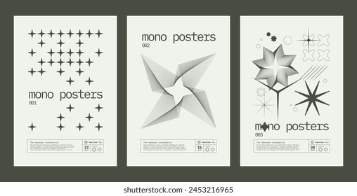 Set of 3 Retro extraordinary vector mono color Posters with silhouette basic star figures, minimalist graphic elements of geometric stars composition, monochrome print