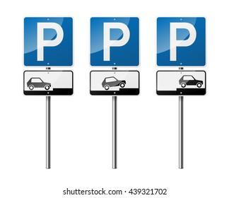 Conjunto de 3 señales de carretera, aisladas en fondo blanco.Estacionamiento. Ilustración vectorial EPS10.