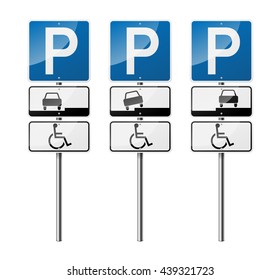 Set of 3 road signs, isolated on white background. Disabled parking. EPS10 vector illustration.