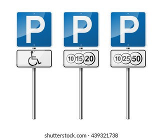Set of 3 road signs, isolated on white background. Paid parking. EPS10 vector illustration.