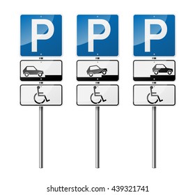 Set of 3 road signs, isolated on white background. Disabled parking. EPS10 vector illustration.