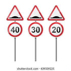 Set of 3 road signs, isolated on white background. Artificial roughness. Speed limit. EPS10 vector illustration.